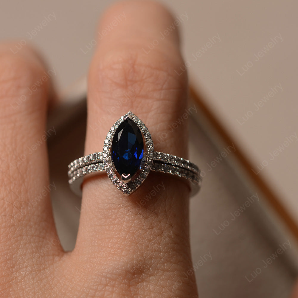 Marquise Cut Lab Sapphire Ring Halo Bridal Set Ring - LUO Jewelry