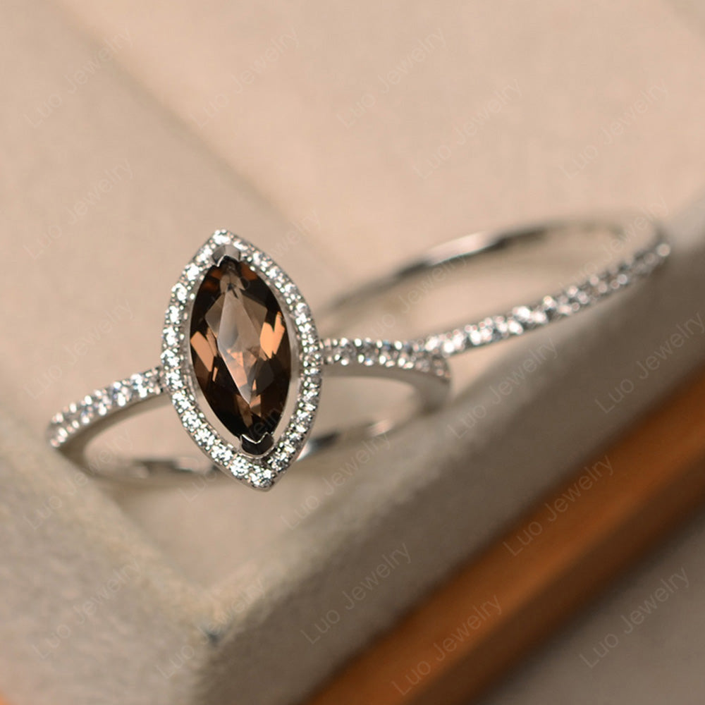 Marquise Cut Smoky Quartz  Ring Halo Bridal Set Ring - LUO Jewelry