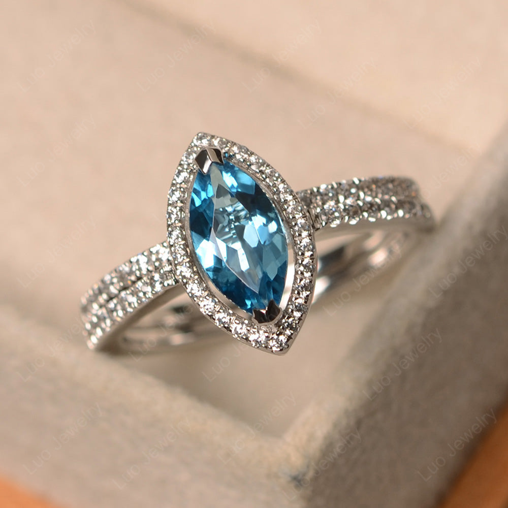 Marquise Cut Swiss Blue Topaz Ring Halo Bridal Set Ring - LUO Jewelry