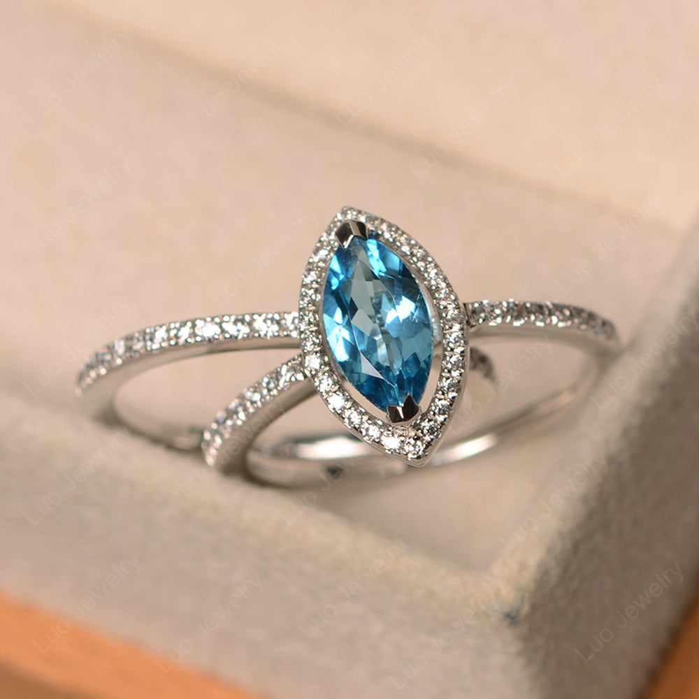 Marquise Cut Swiss Blue Topaz Ring Halo Bridal Set Ring - LUO Jewelry