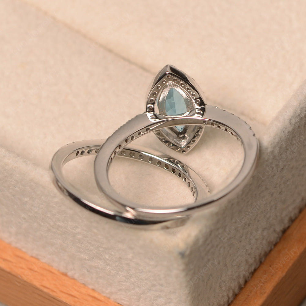 Marquise Cut Swiss Blue Topaz Ring Halo Bridal Set Ring - LUO Jewelry