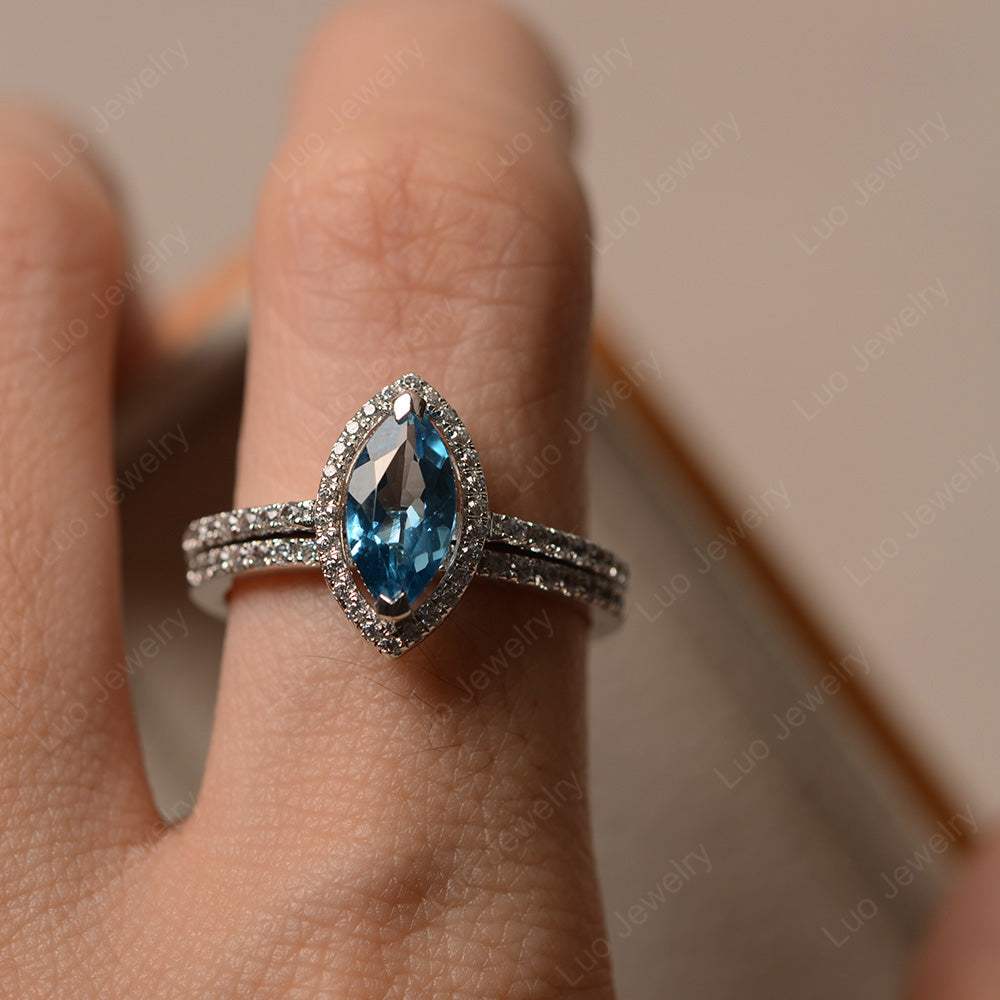 Marquise Cut Swiss Blue Topaz Ring Halo Bridal Set Ring - LUO Jewelry