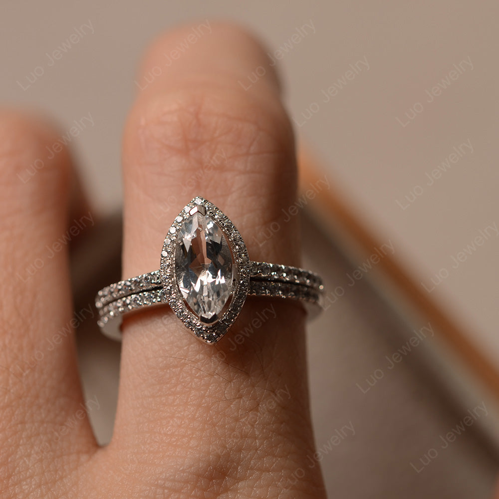 Marquise Cut White Topaz Ring Halo Bridal Set Ring - LUO Jewelry