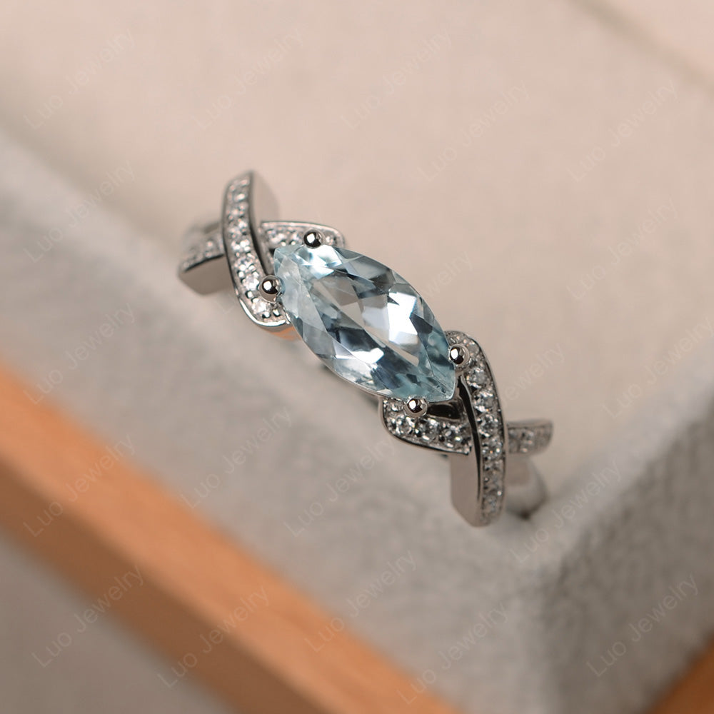 East West Marquise Cut Aquamarine Ring Art Deco - LUO Jewelry