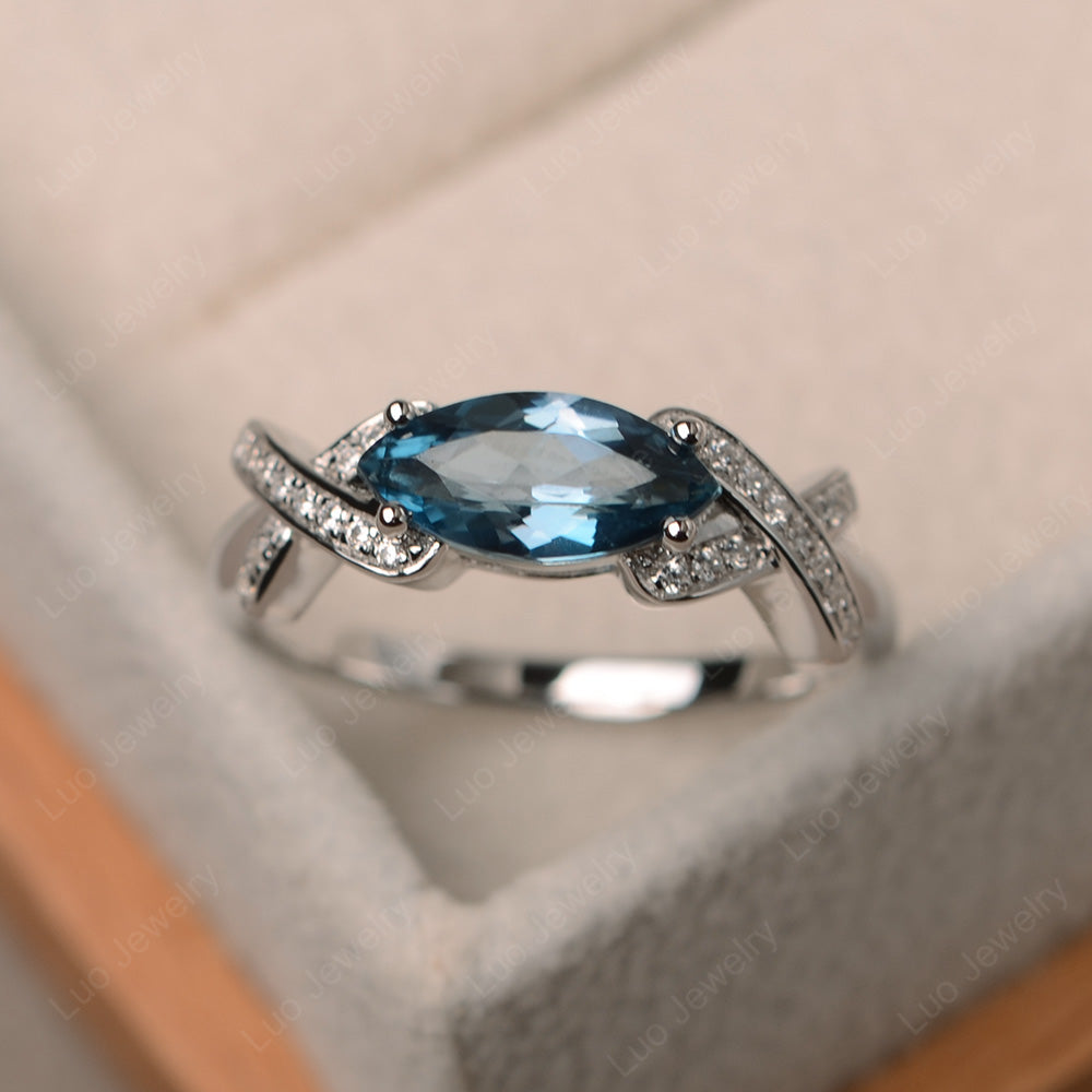 East West Marquise Cut London Blue Topaz Ring Art Deco - LUO Jewelry