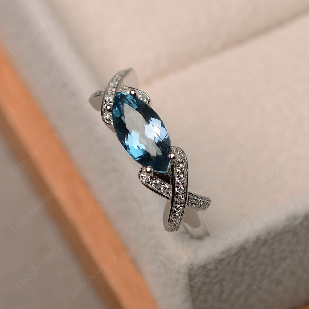 East West Marquise Cut London Blue Topaz Ring Art Deco - LUO Jewelry