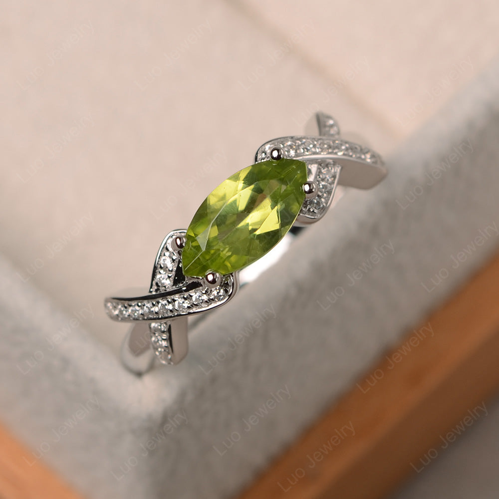 East West Marquise Cut Peridot Ring Art Deco - LUO Jewelry