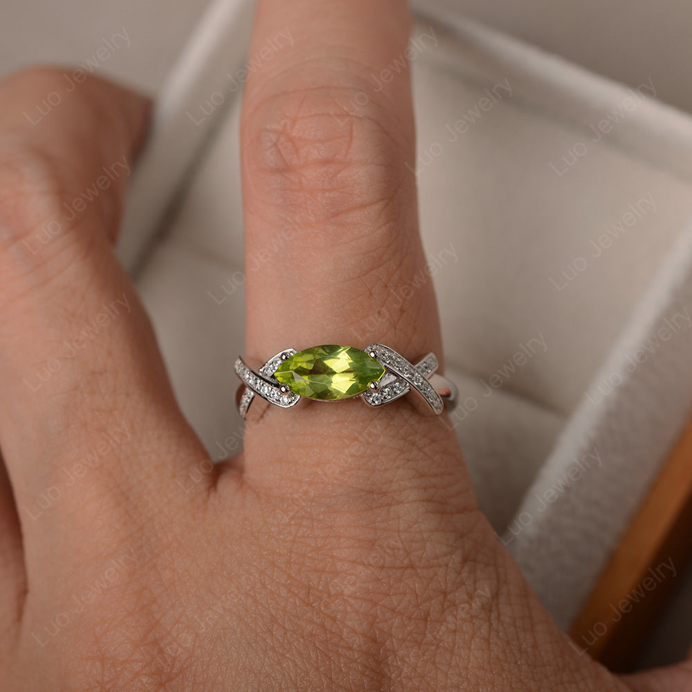 East West Marquise Cut Peridot Ring Art Deco - LUO Jewelry