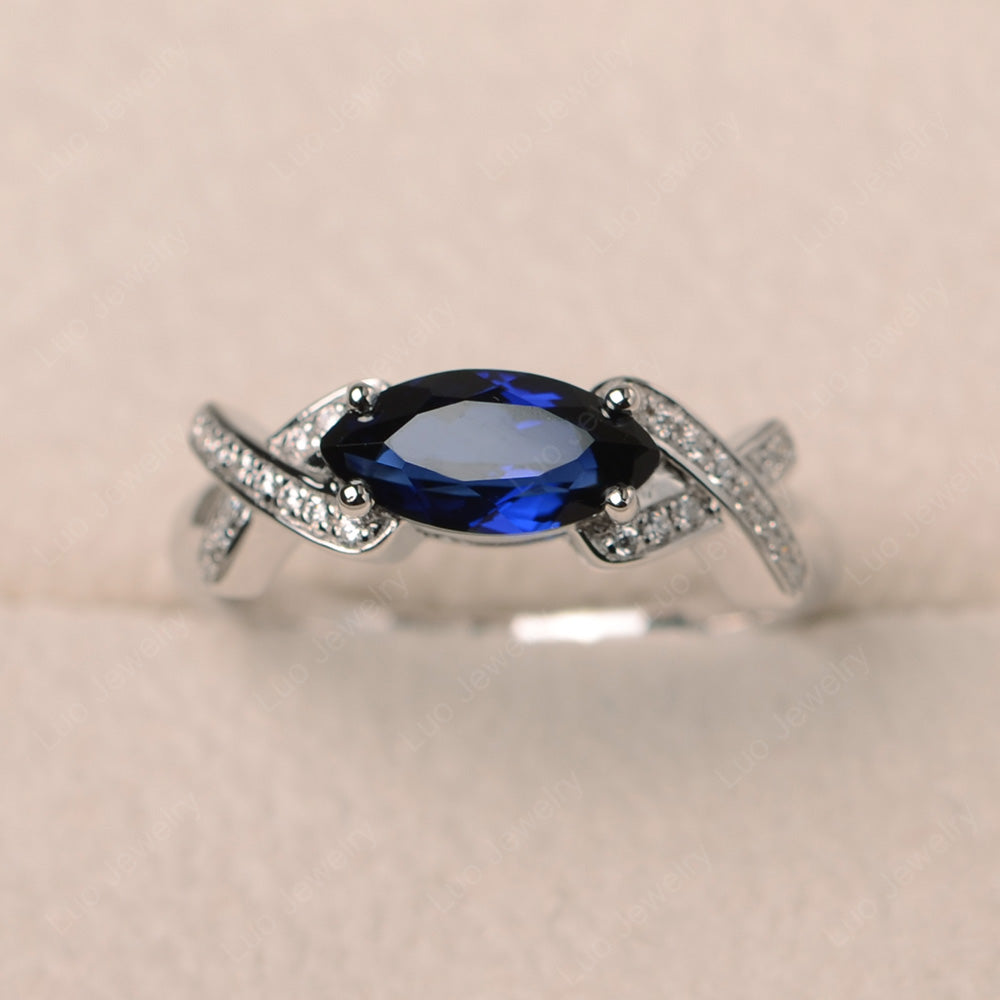 East West Marquise Cut Lab Sapphire Ring Art Deco - LUO Jewelry