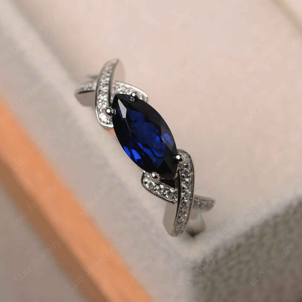 East West Marquise Cut Lab Sapphire Ring Art Deco - LUO Jewelry