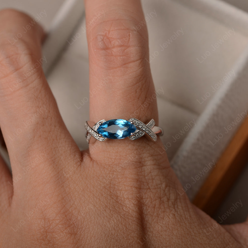East West Marquise Cut Swiss Blue Topaz Ring Art Deco - LUO Jewelry