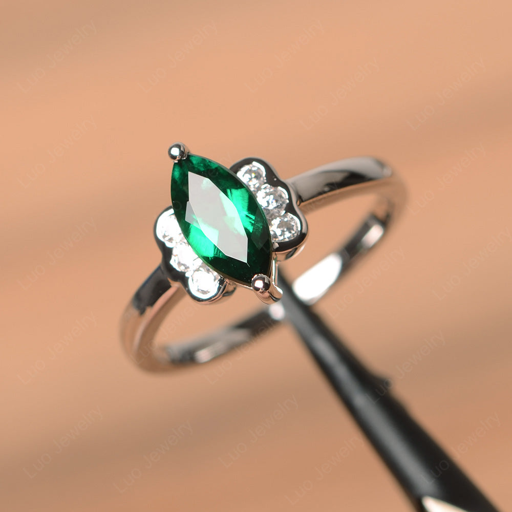 Unique Marquise Cut Lab Emerald Wedding Ring - LUO Jewelry