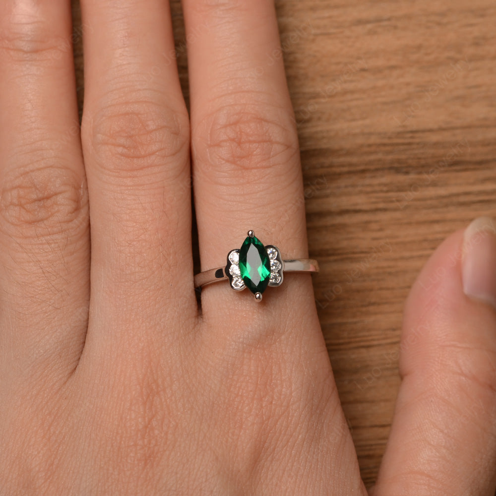 Unique Marquise Cut Lab Emerald Wedding Ring - LUO Jewelry