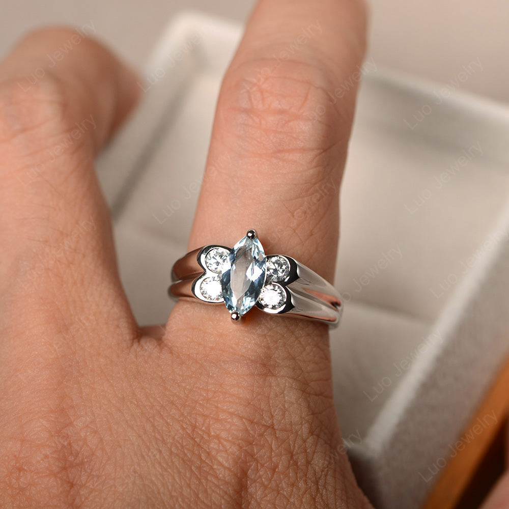Unique Marquise Cut Aquamarine Ring White Gold - LUO Jewelry