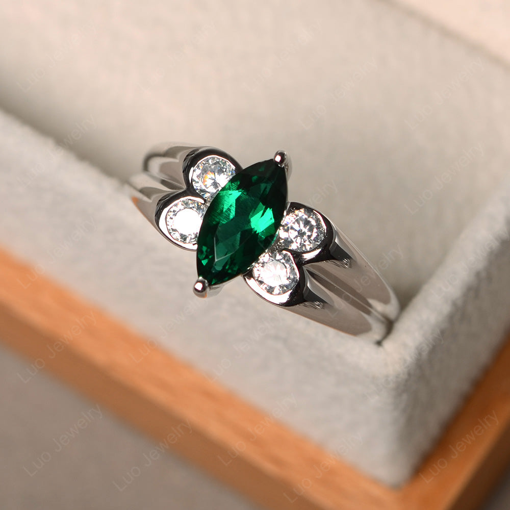 Unique Marquise Cut Lab Emerald Ring White Gold - LUO Jewelry