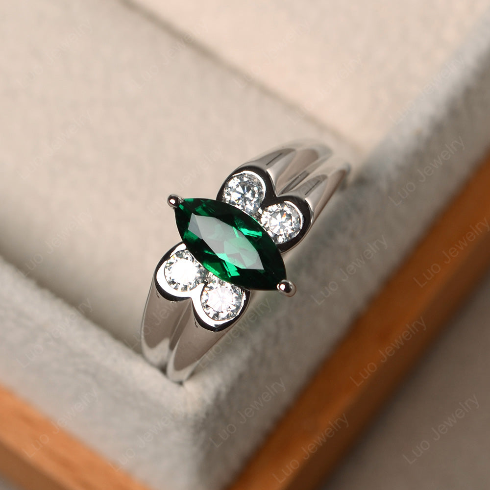 Unique Marquise Cut Lab Emerald Ring White Gold - LUO Jewelry