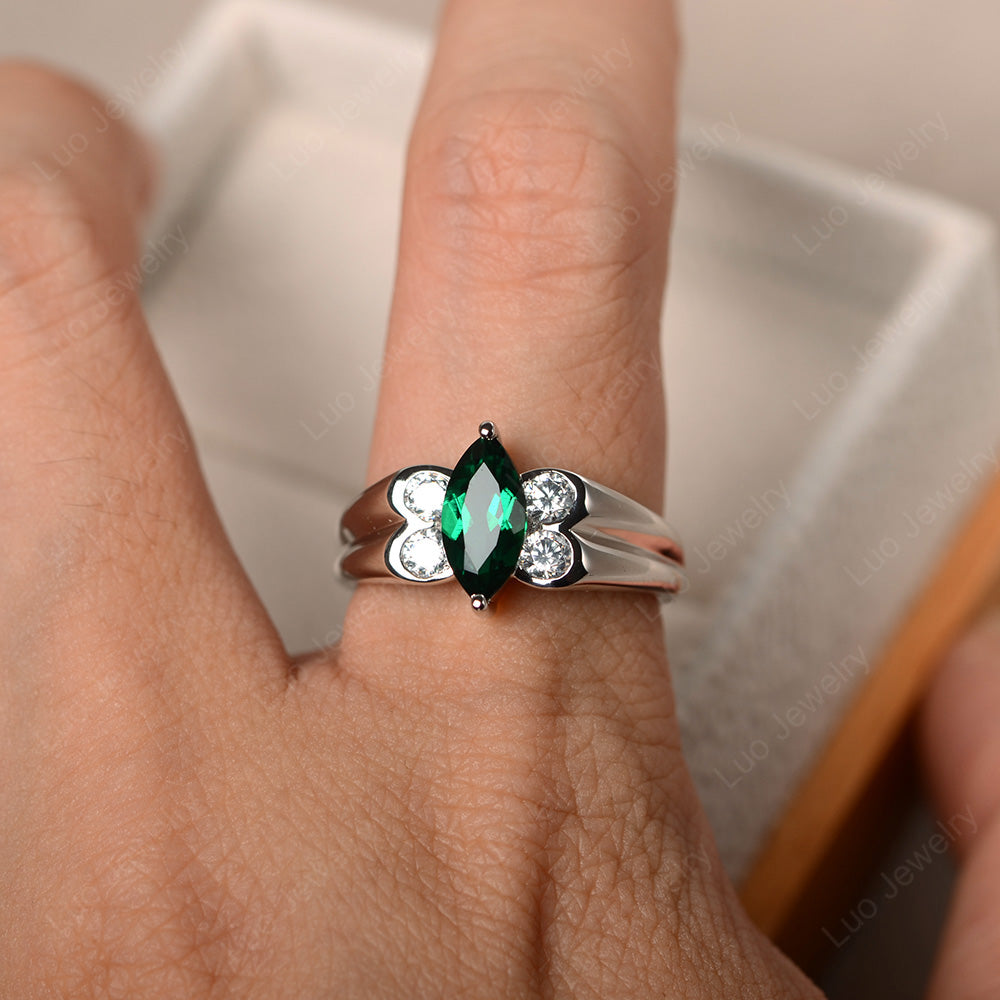 Unique Marquise Cut Lab Emerald Ring White Gold - LUO Jewelry