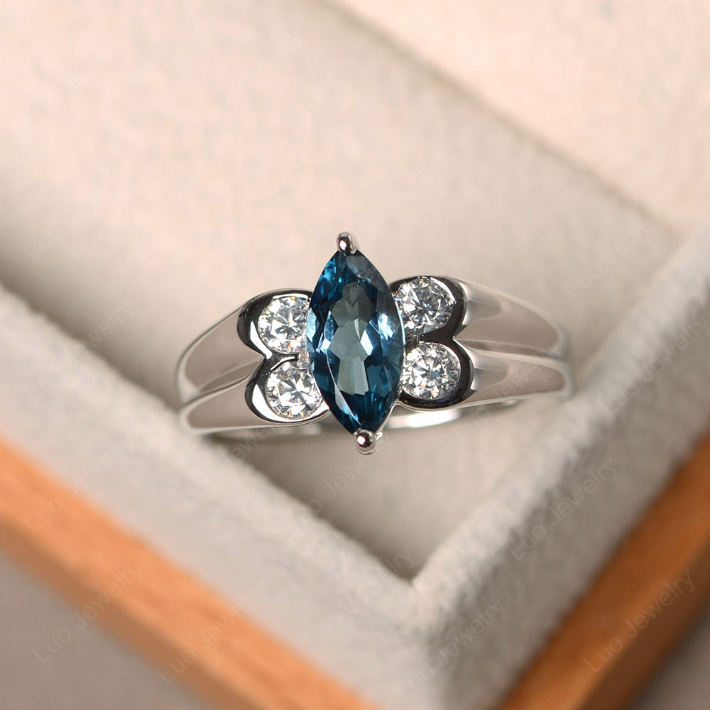 Unique Marquise Cut London Blue Topaz Ring White Gold - LUO Jewelry