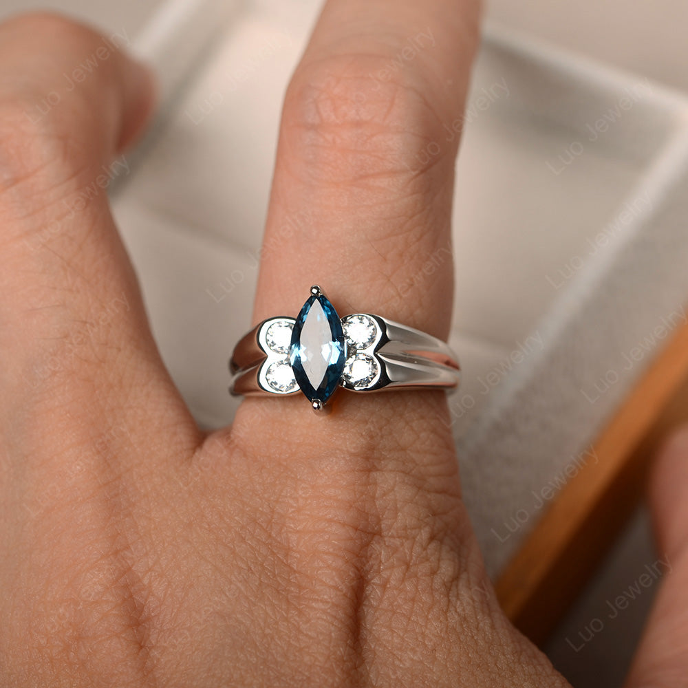 Unique Marquise Cut London Blue Topaz Ring White Gold - LUO Jewelry