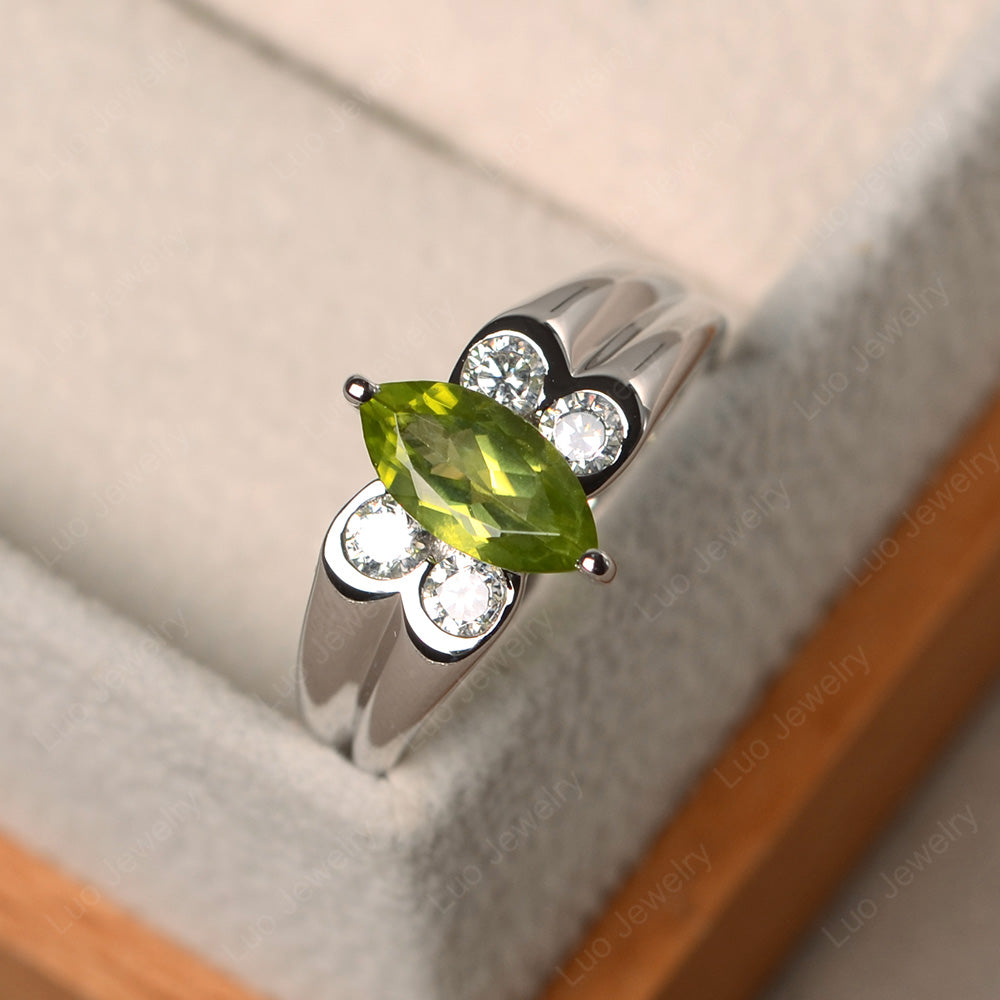 Unique Marquise Cut Peridot Ring White Gold - LUO Jewelry
