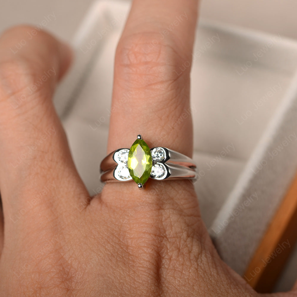 Unique Marquise Cut Peridot Ring White Gold - LUO Jewelry