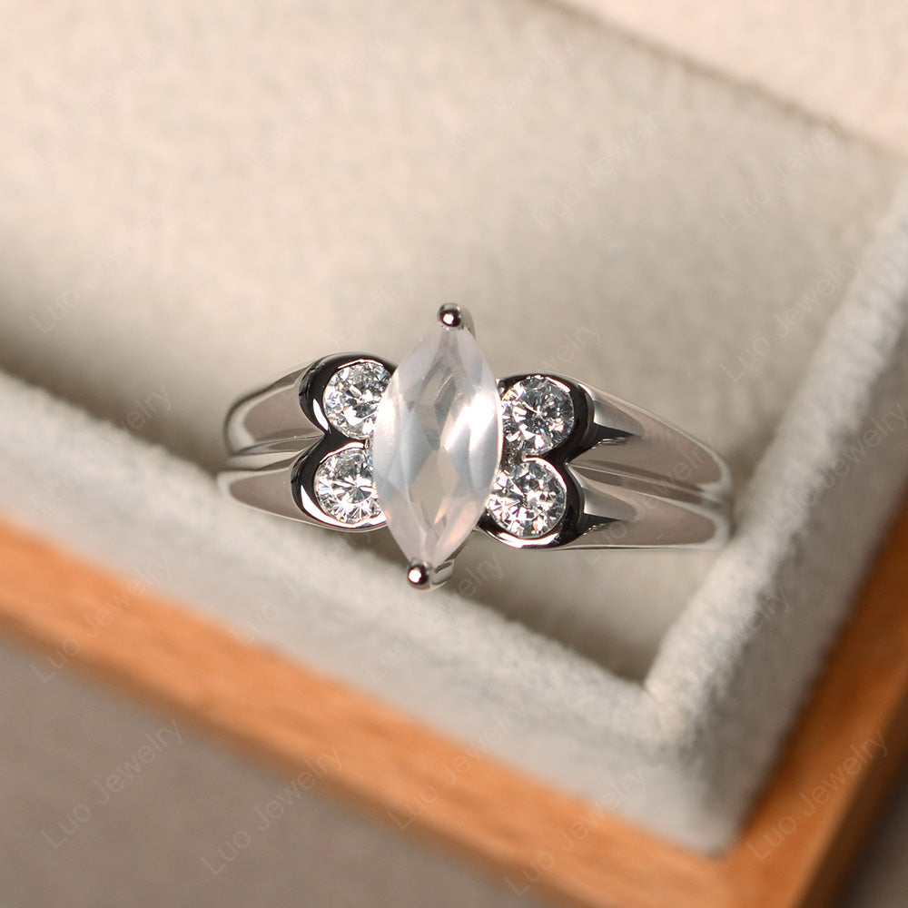 Unique Marquise Cut Rose Quartz Ring White Gold - LUO Jewelry