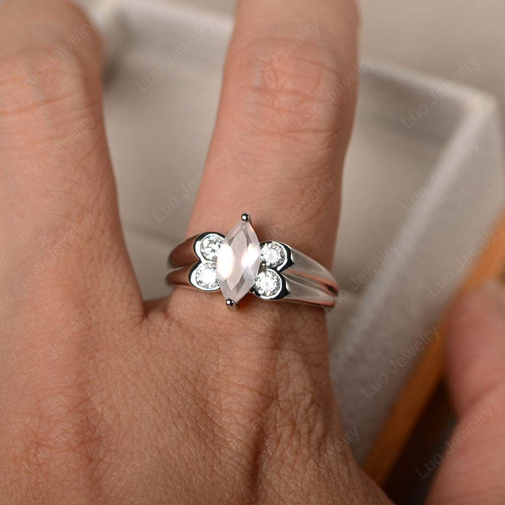Unique Marquise Cut Rose Quartz Ring White Gold - LUO Jewelry