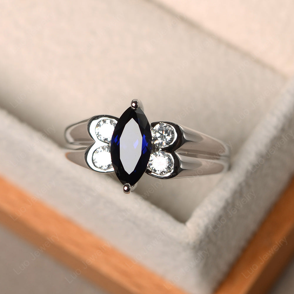 Unique Marquise Cut Lab Sapphire Ring White Gold - LUO Jewelry