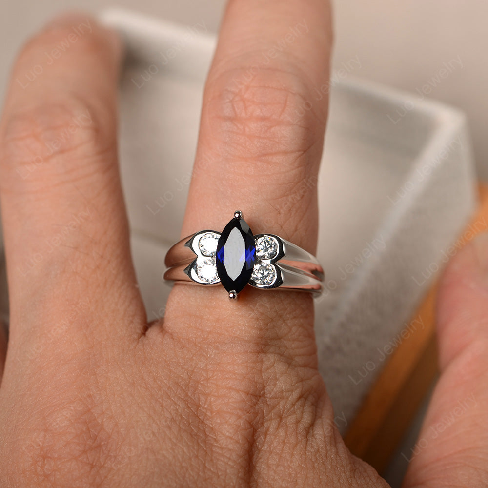 Unique Marquise Cut Lab Sapphire Ring White Gold - LUO Jewelry