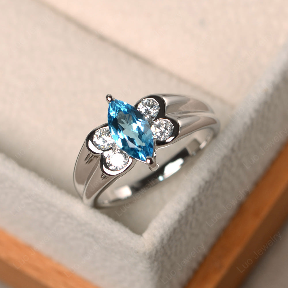 Unique Marquise Cut Swiss Blue Topaz Ring White Gold - LUO Jewelry