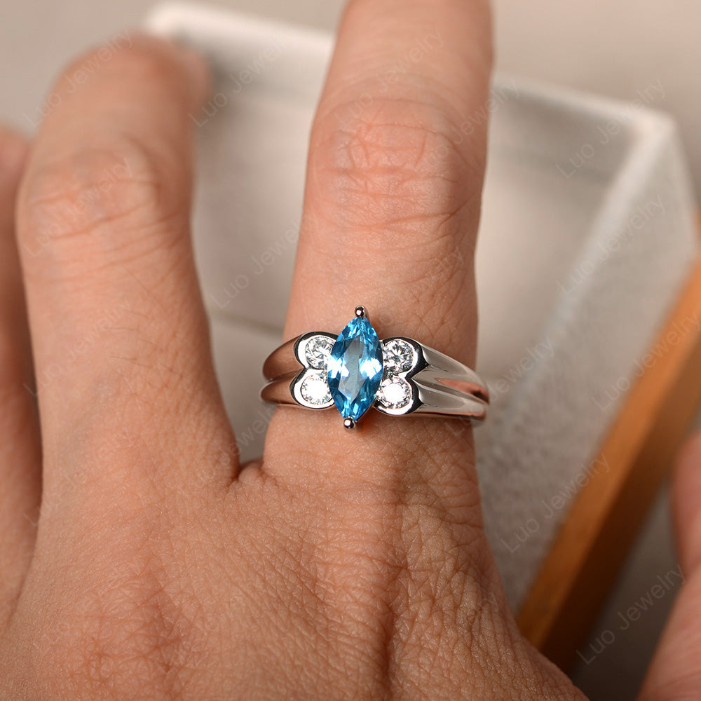 Unique Marquise Cut Swiss Blue Topaz Ring White Gold - LUO Jewelry