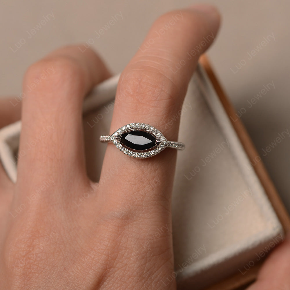 Black Spinel Marquise Cut Halo East West Ring - LUO Jewelry