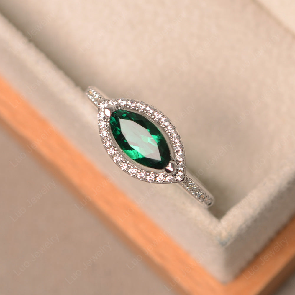 Lab Emerald Marquise Cut Halo East West Ring - LUO Jewelry