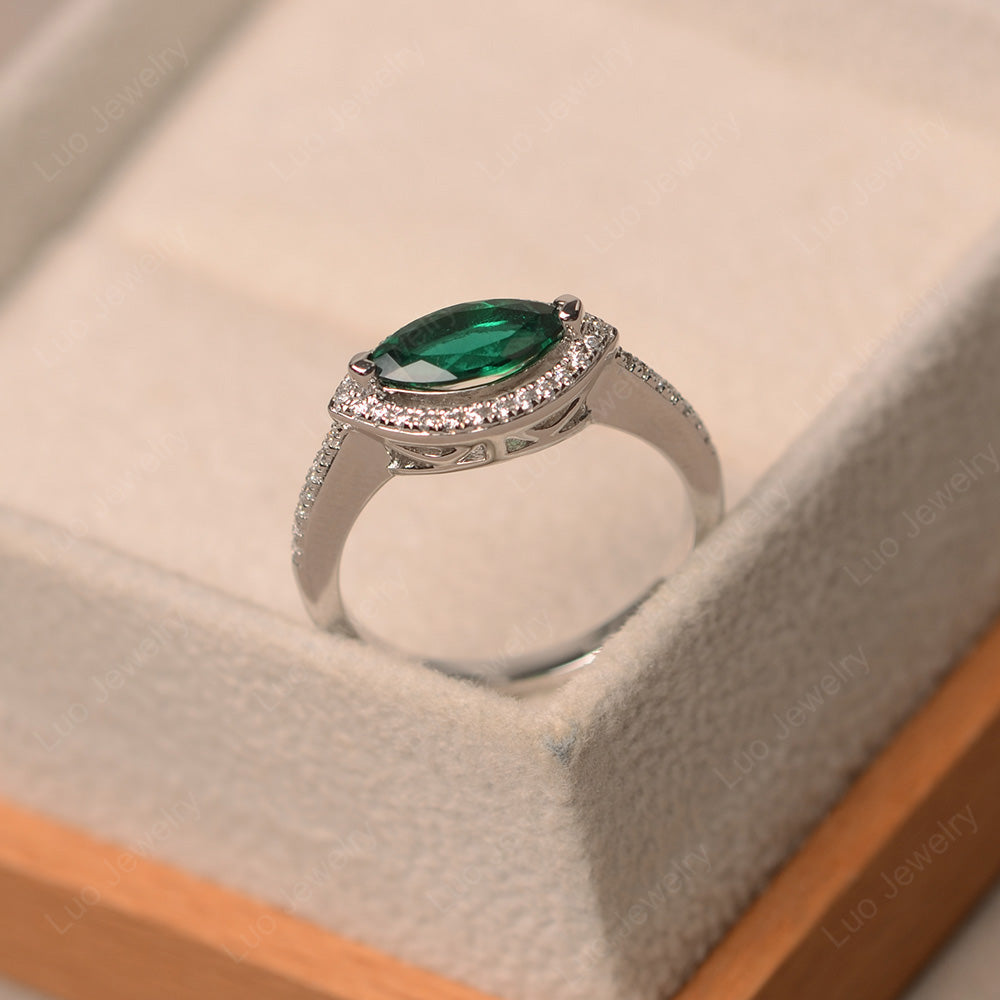 Lab Emerald Marquise Cut Halo East West Ring - LUO Jewelry