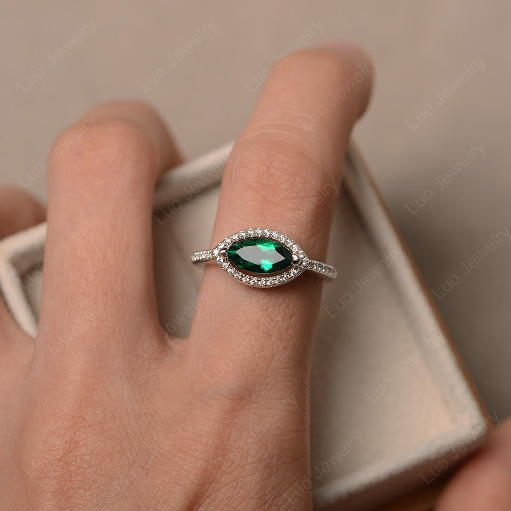Lab Emerald Marquise Cut Halo East West Ring - LUO Jewelry