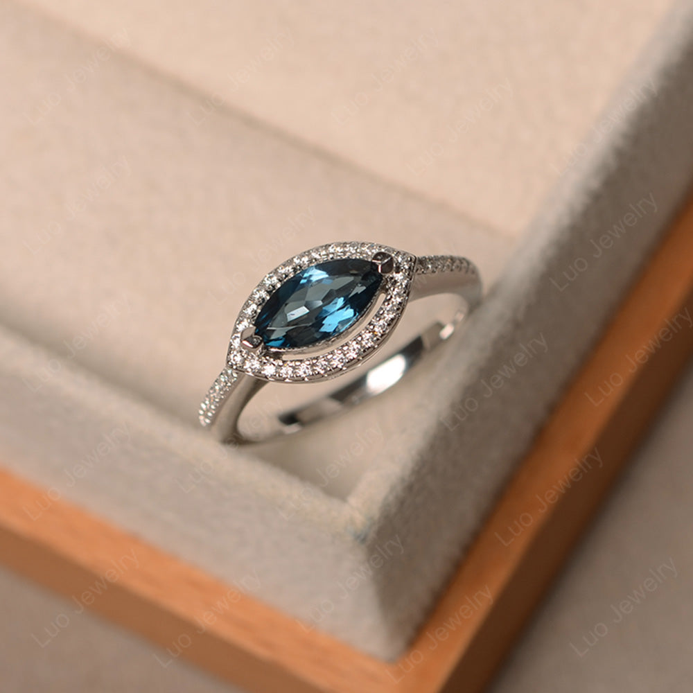 London Blue Topaz Marquise Cut Halo East West Ring - LUO Jewelry