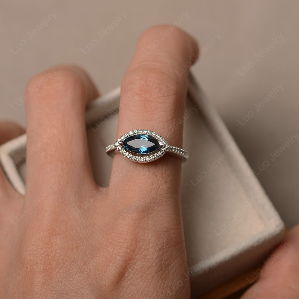 London Blue Topaz Marquise Cut Halo East West Ring - LUO Jewelry