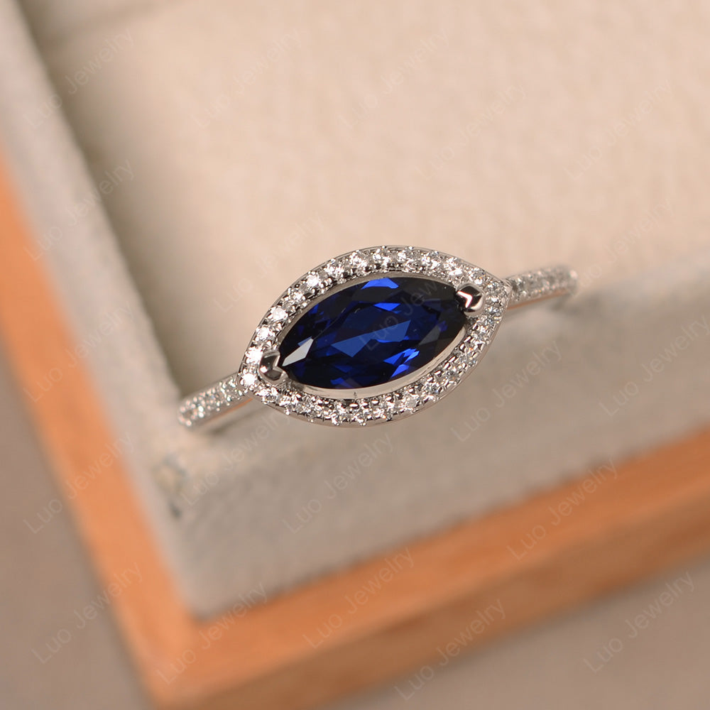 Lab Sapphire Marquise Cut Halo East West Ring - LUO Jewelry