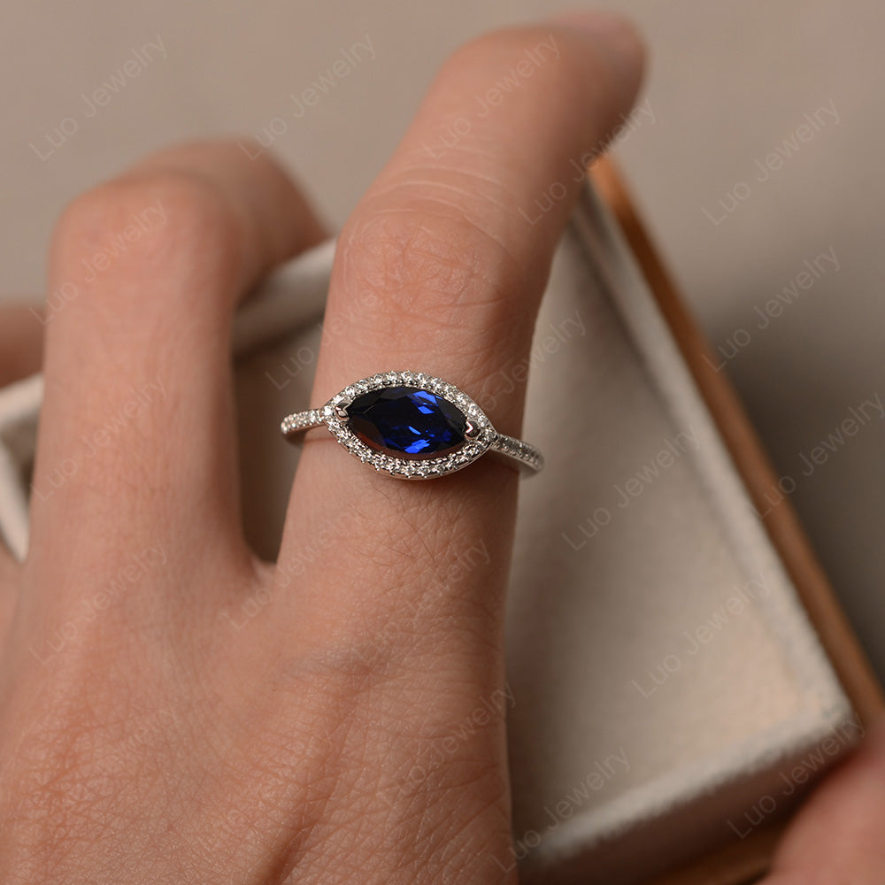Lab Sapphire Marquise Cut Halo East West Ring - LUO Jewelry