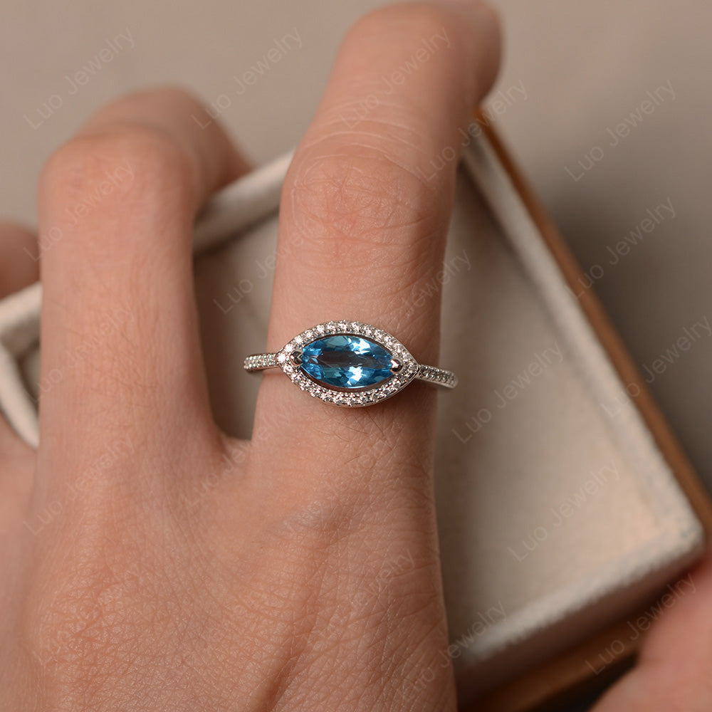 Swiss Blue Topaz Marquise Cut Halo East West Ring - LUO Jewelry