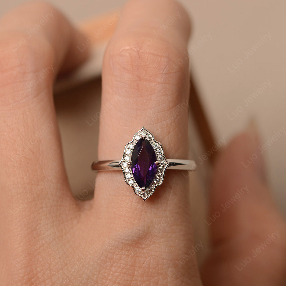 Marquise Cut Amethyst Halo Engagement Ring - LUO Jewelry