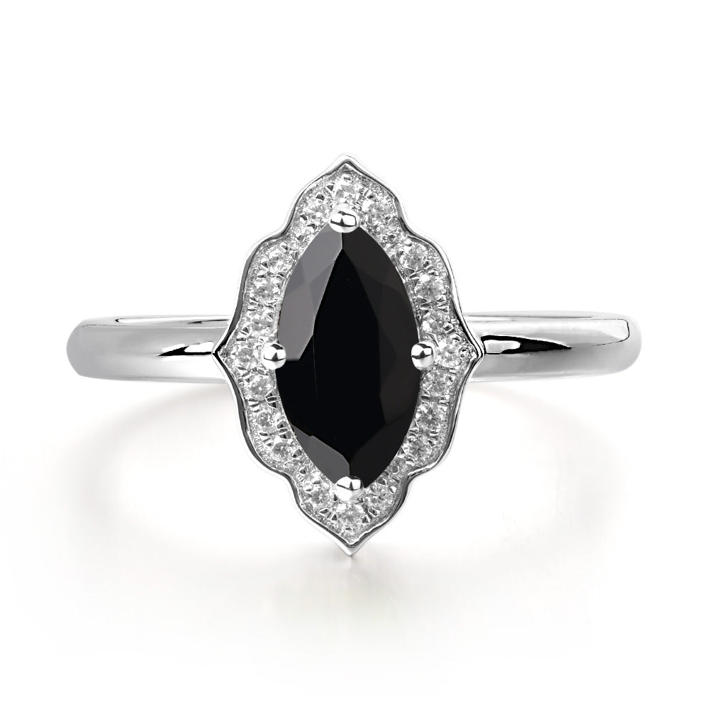 Marquise Cut Black Spinel Halo Engagement Ring - LUO Jewelry