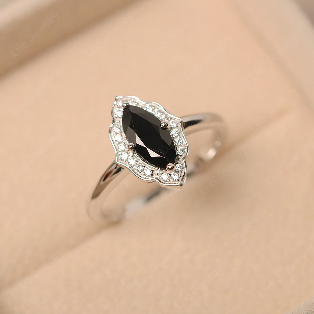 Marquise Cut Black Spinel Halo Engagement Ring - LUO Jewelry