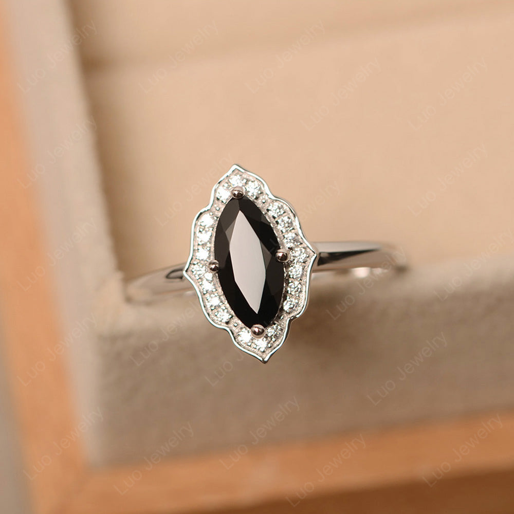 Marquise Cut Black Spinel Halo Engagement Ring - LUO Jewelry