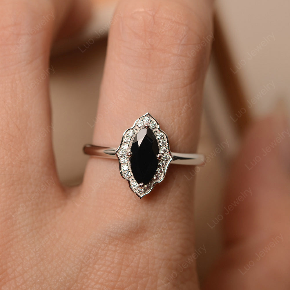 Marquise Cut Black Spinel Halo Engagement Ring - LUO Jewelry