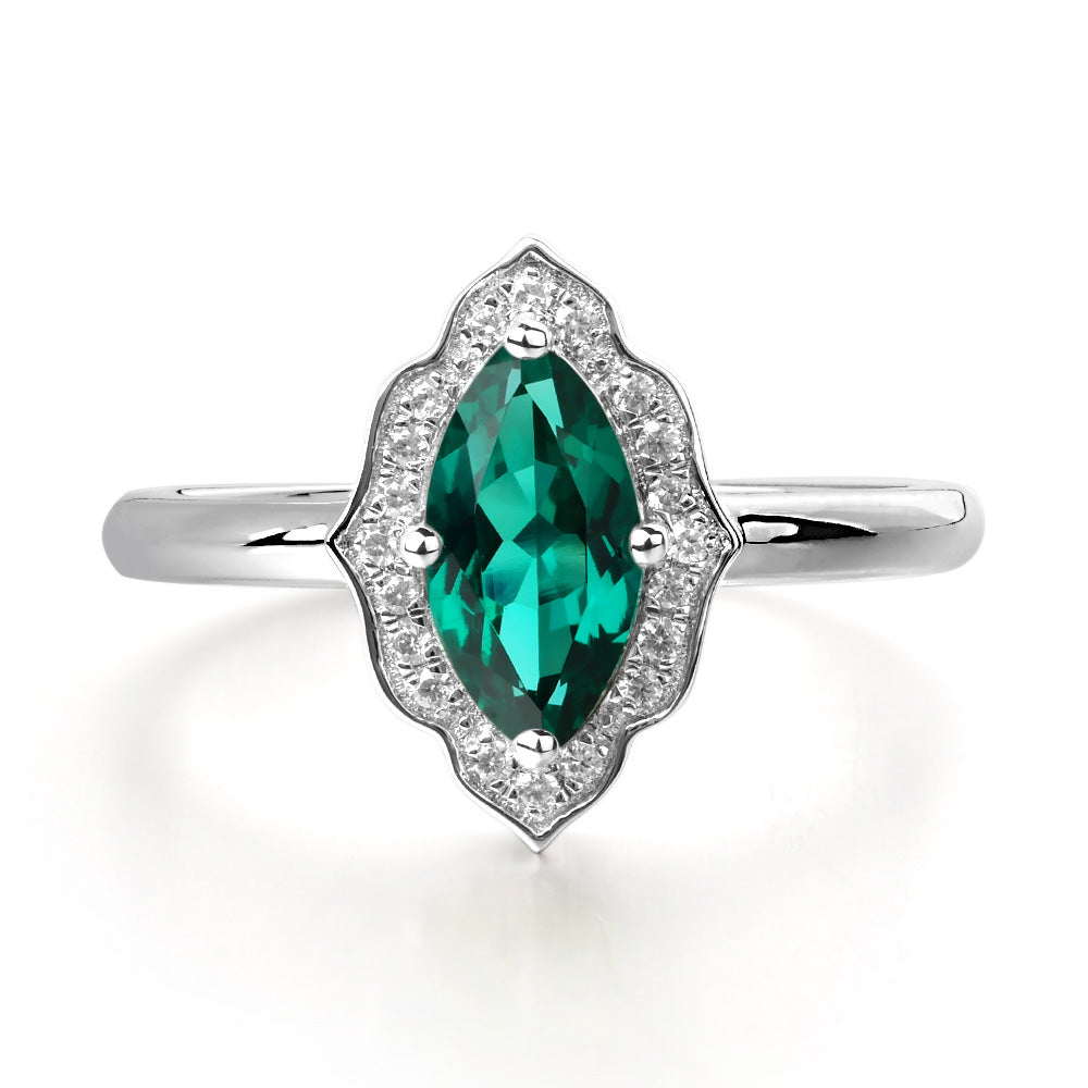 Marquise Cut Lab Emerald Halo Engagement Ring - LUO Jewelry
