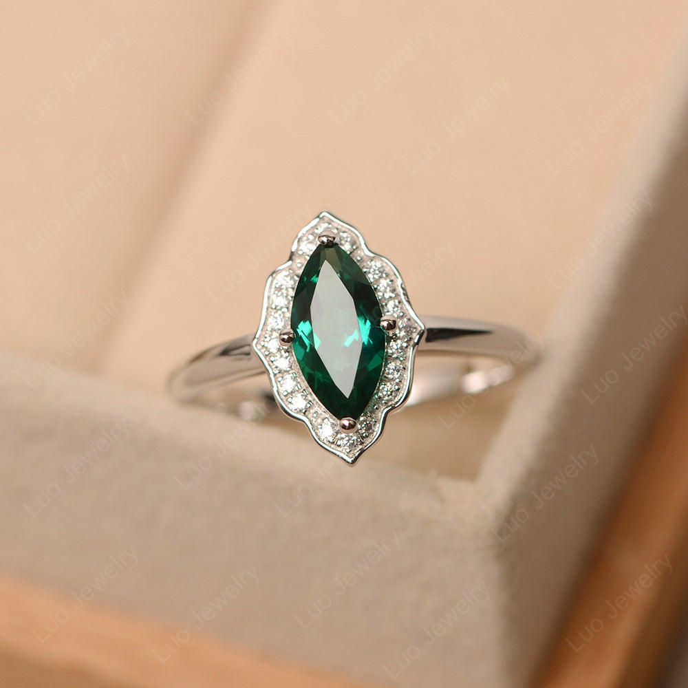 Marquise Cut Lab Emerald Halo Engagement Ring - LUO Jewelry