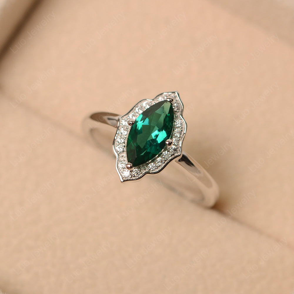 Marquise Cut Lab Emerald Halo Engagement Ring - LUO Jewelry