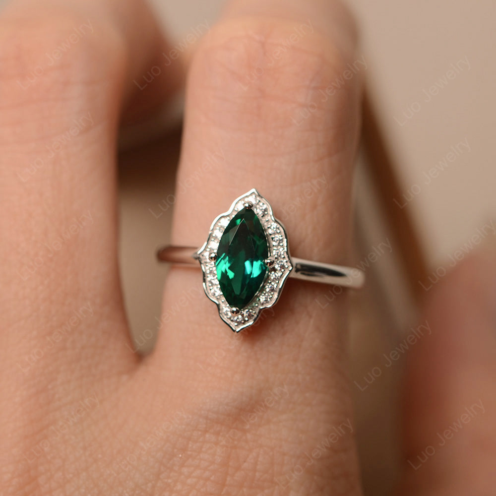 Marquise Cut Lab Emerald Halo Engagement Ring - LUO Jewelry