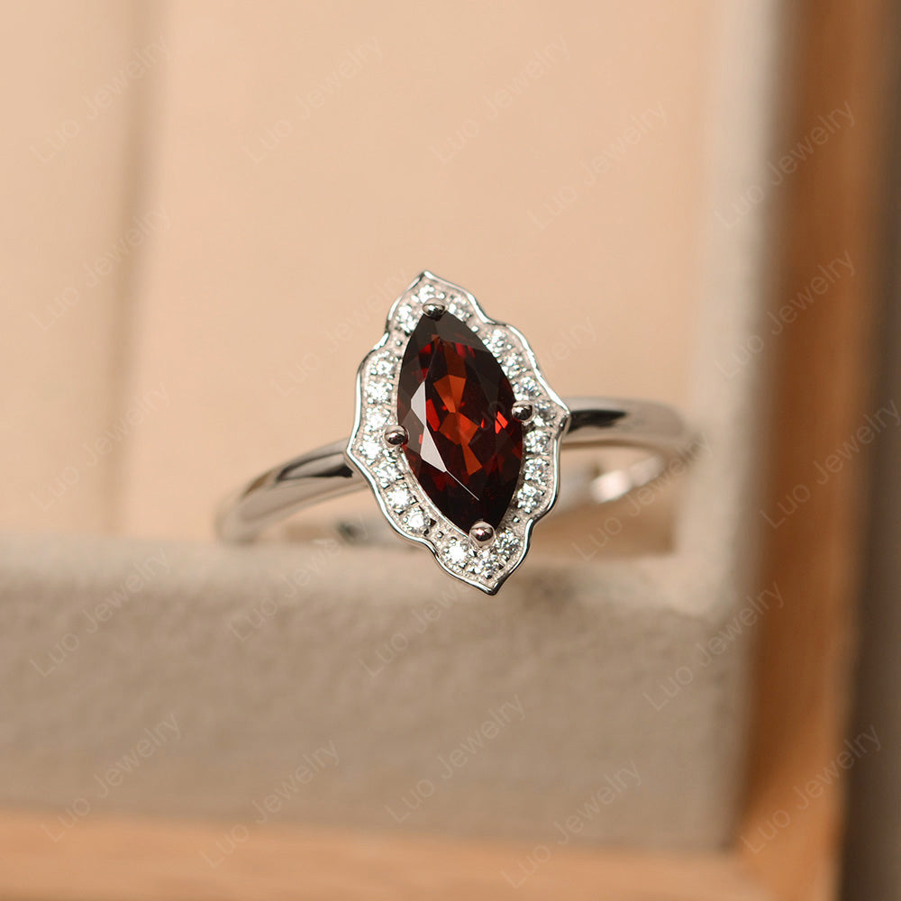 Marquise Cut Garnet Halo Engagement Ring - LUO Jewelry